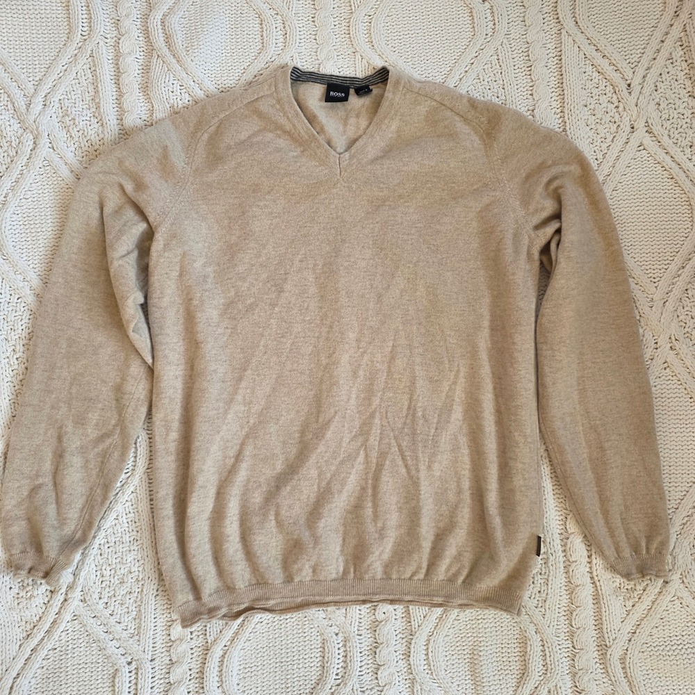 Hugo Boss Men's 100% Cashmere Sweater‎ Casual Pullover Beige Tan Large